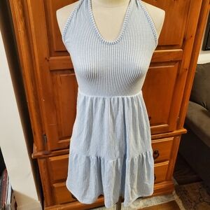 Striped Halter Neck Dress Vintage Style Baby Blue White Summer Mini Dress